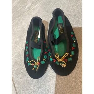 Vintage girls Velvet Ballet Flats Christmas Holly Embroidery Bow Size 5 1/2